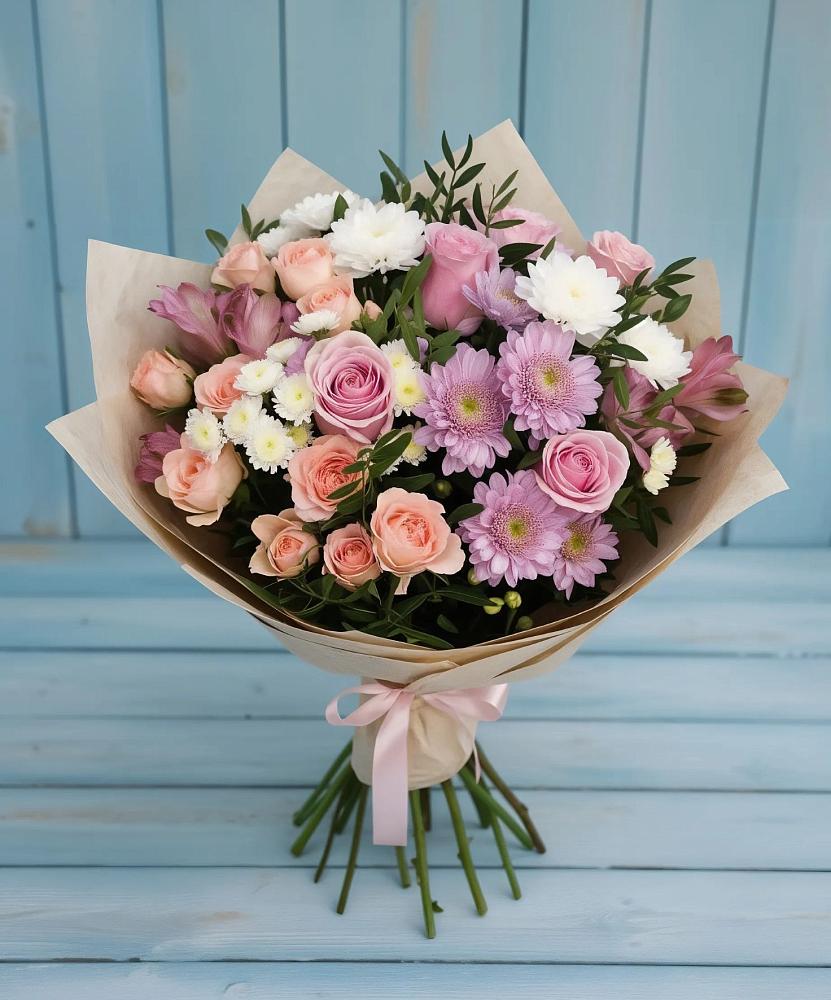Букет цветов из: Хризантемы, Розы и Альстромерии в Азнакаево