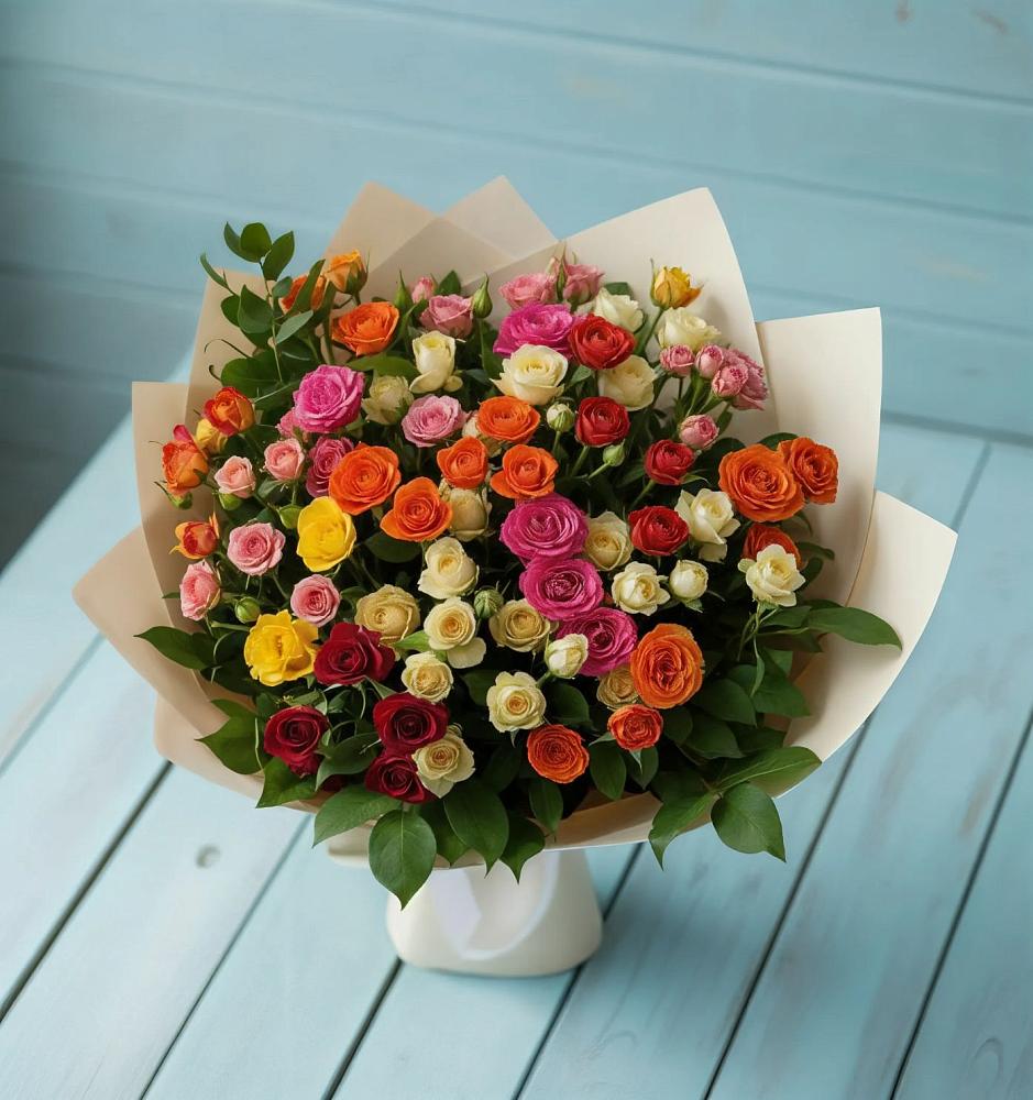 Букет Микс из разноцветных кустовых роз в Азнакаево