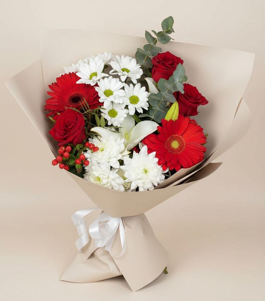 Букет цветов из: Розы, Хризантемы, Герберы и Лилии в Азнакаево